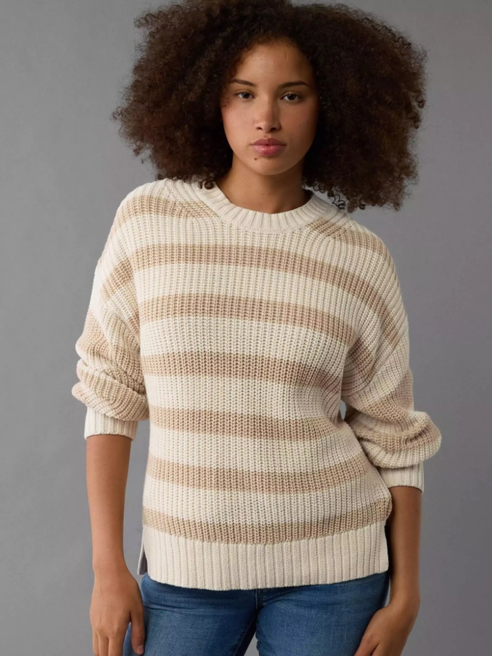 American Eagle Cream Striped Cotton Sweater